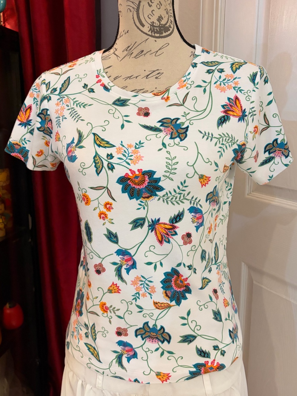 White Stag White Floral Short Sleeve Tee with Multicolor Blooms